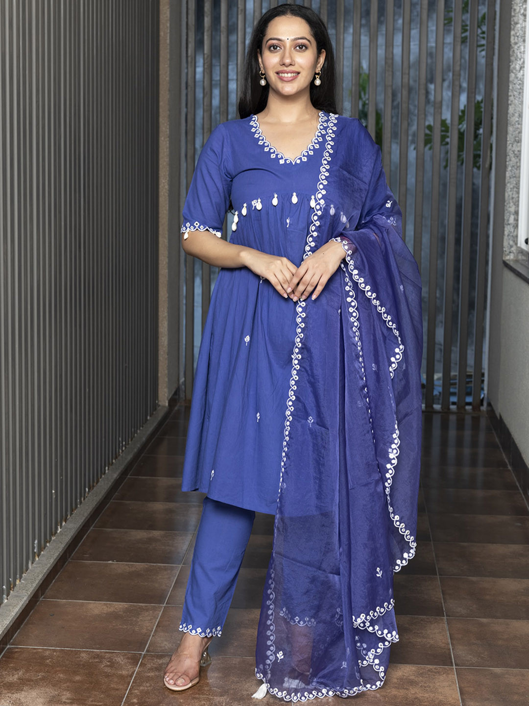 

Aaheli Embroidered Pleated Pure Cotton Kurta With Trousers & Dupatta, Blue