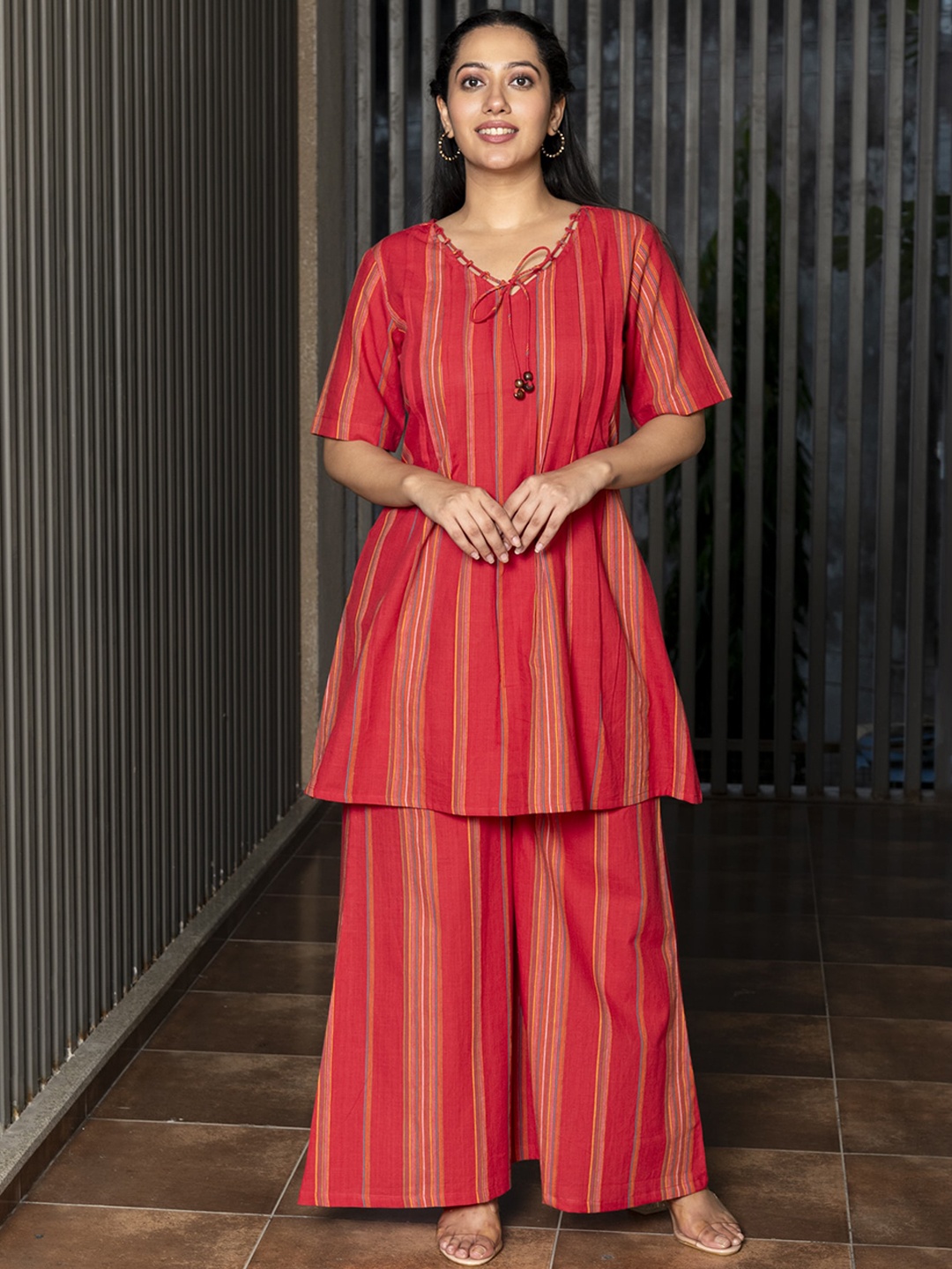 

Aaheli Striped Tie-Up Neck Pure Cotton Tunic & Mid-Rise Palazzos, Red