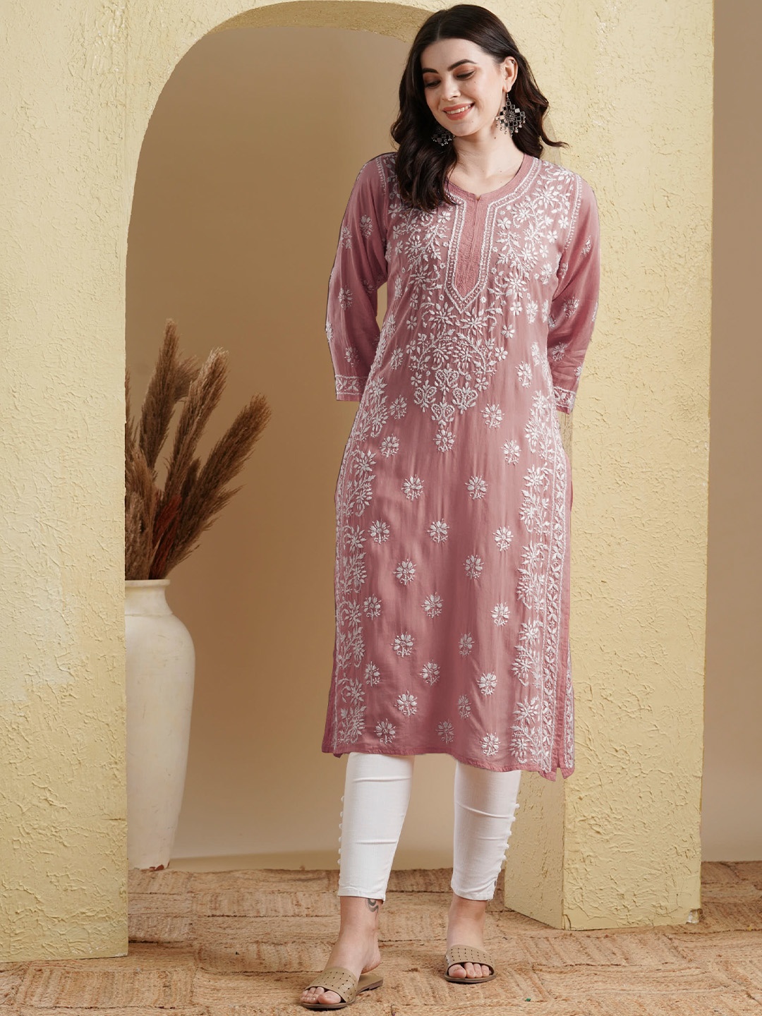 

ADA Ethnic Motifs Embroidered Lucknowi Chikankari Detailed Modal Cotton Straight Kurta, Pink