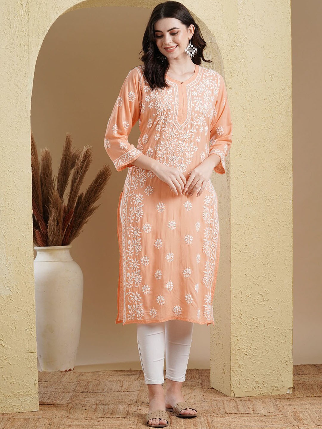 

ADA Ethnic Motifs Embroidered Lucknowi Chikankari Detailed Modal Cotton Straight Kurta, Peach