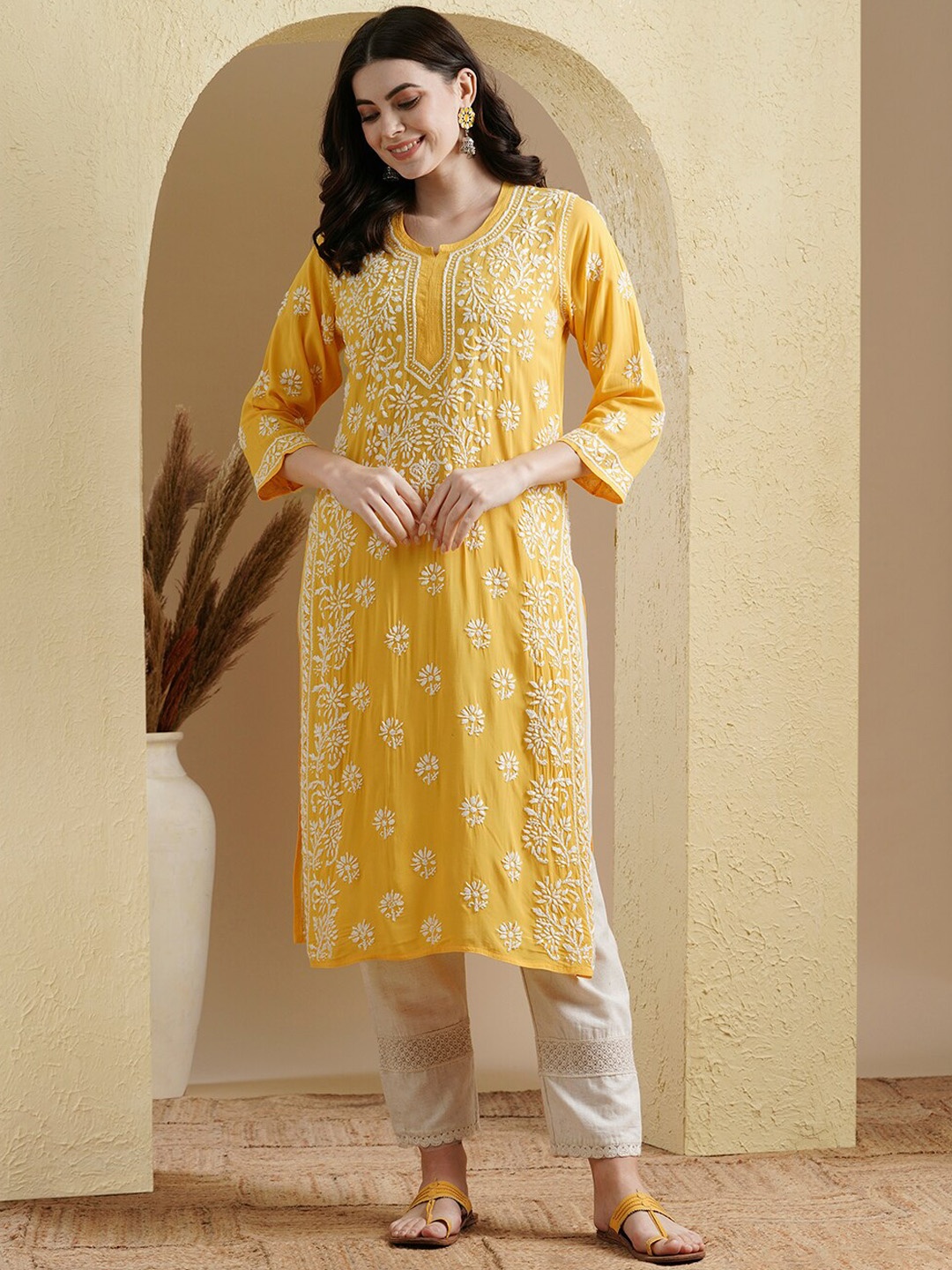 

ADA Floral Embroidered Lucknowi Chikankari Straight Kurta, Yellow