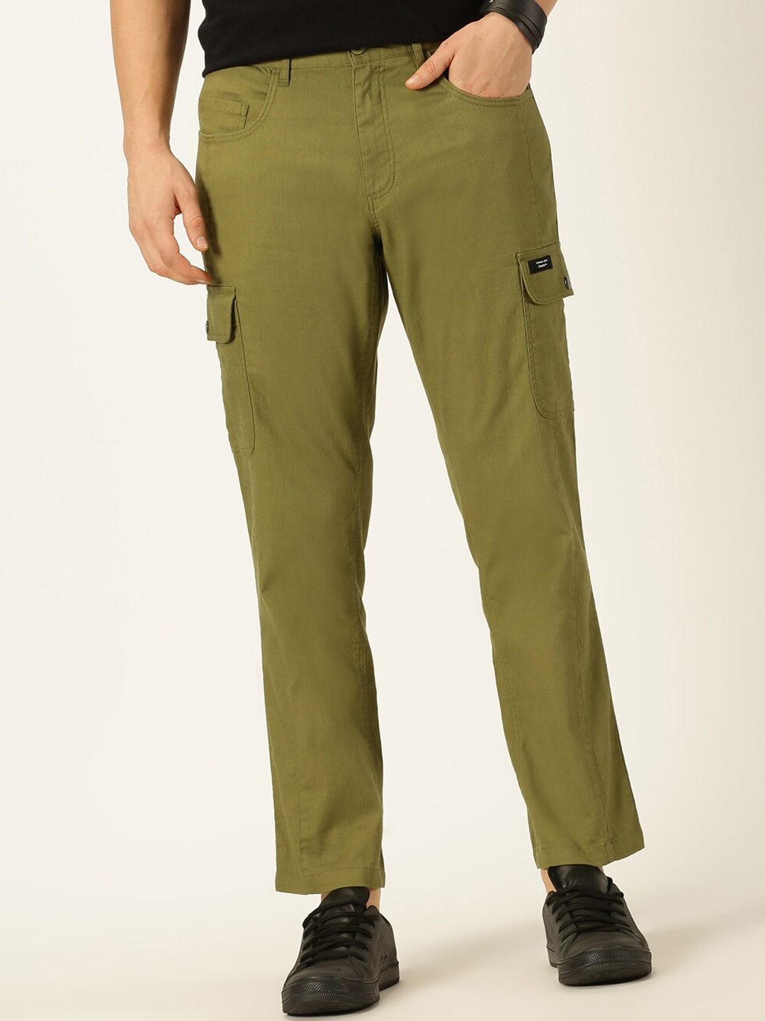 

Thomas Scott Men Smart Slim Fit Linen Cotton Cargos Trousers, Olive