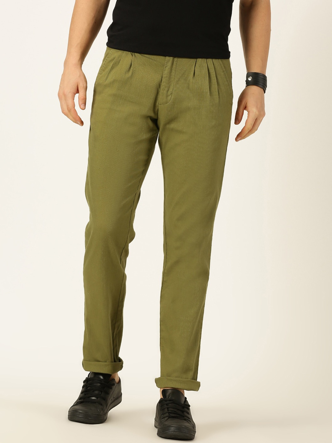 

Thomas Scott Men Smart Linen Cotton Pleated Chino Trouser, Olive