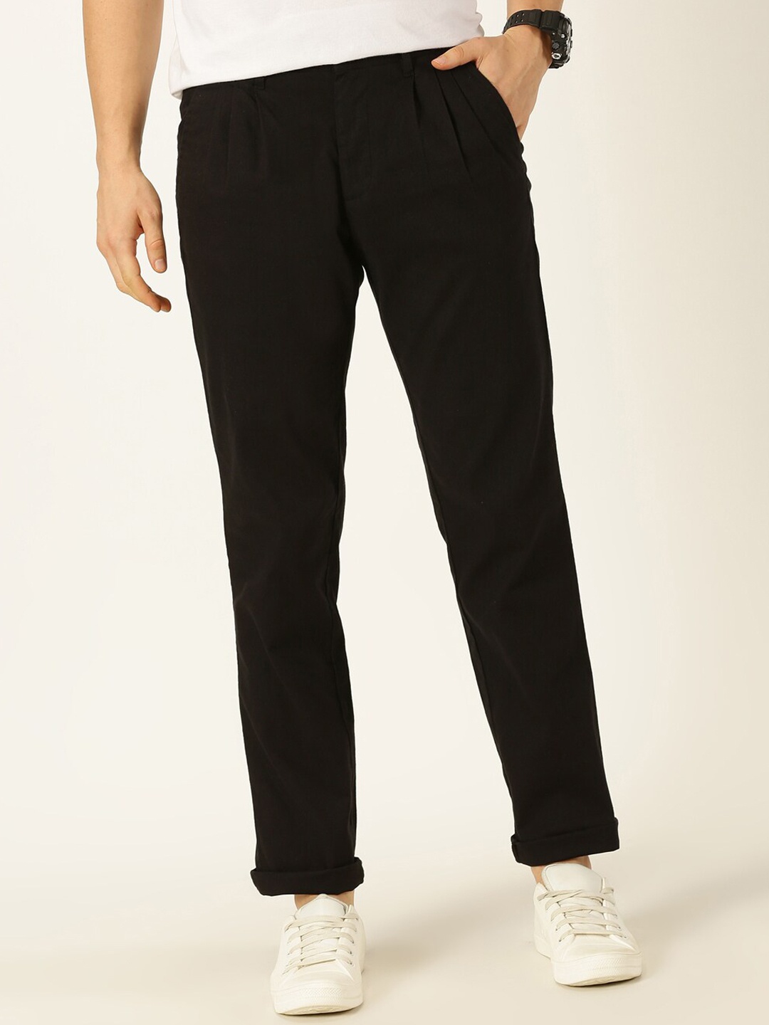 

Thomas Scott Men Smart Linen Cotton Pleated Chino Trouser, Black