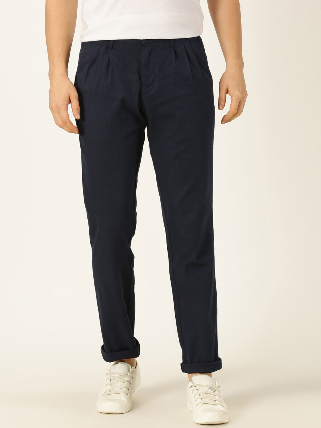 

Thomas Scott Men Smart Linen Cotton Pleated Chino Trouser, Navy blue