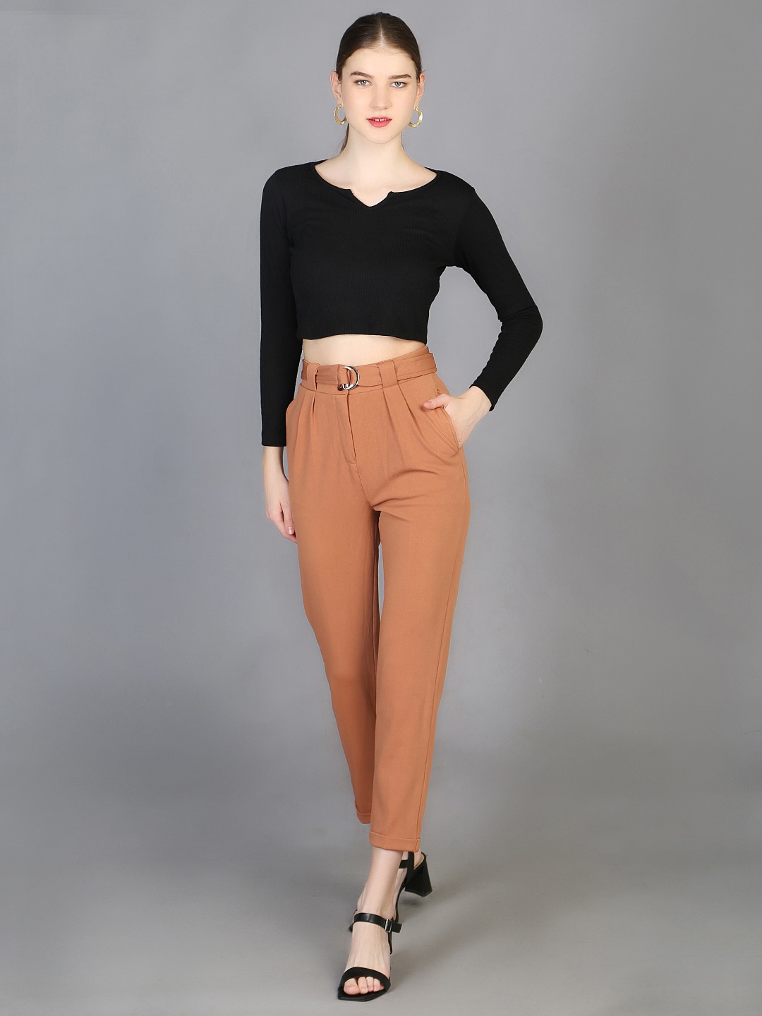 

Orchid Blues Women Tapered Fit High-Rise Cotton Trousers With Belt, Beige