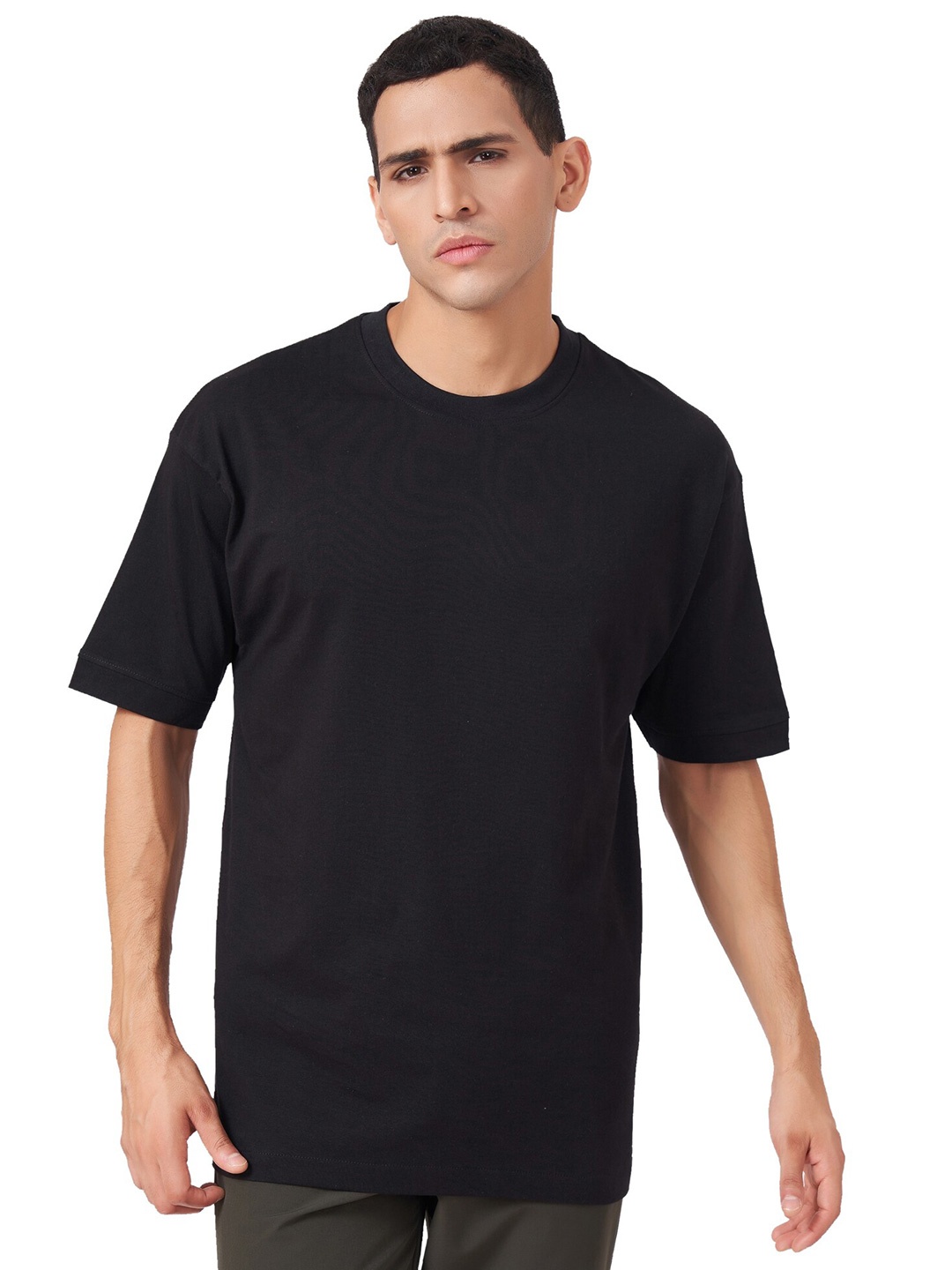 

ZU Round Neck Oversized Pure Cotton T-shirt, Black