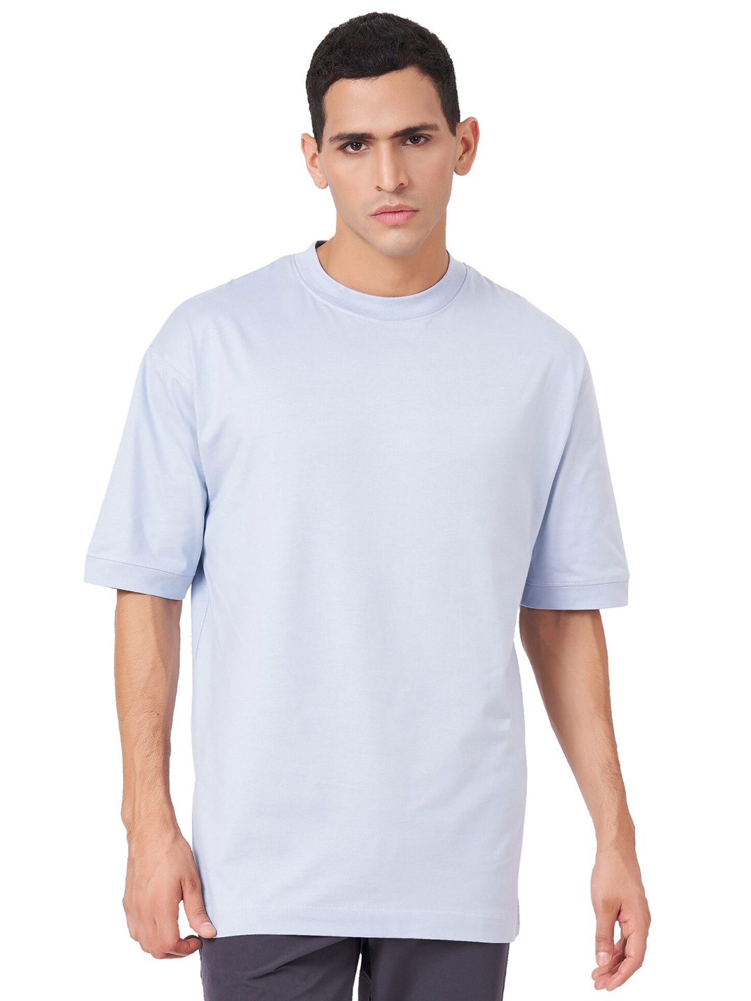 

ZU Round Neck Drop-Shoulder Sleeves Pure Cotton Oversized T-shirt, Blue