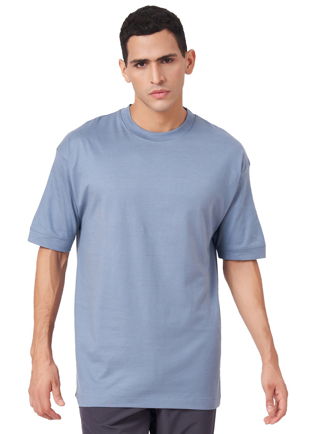 

ZU Round Neck Drop-Shoulder Sleeves Pure Cotton Oversized T-shirt, Blue