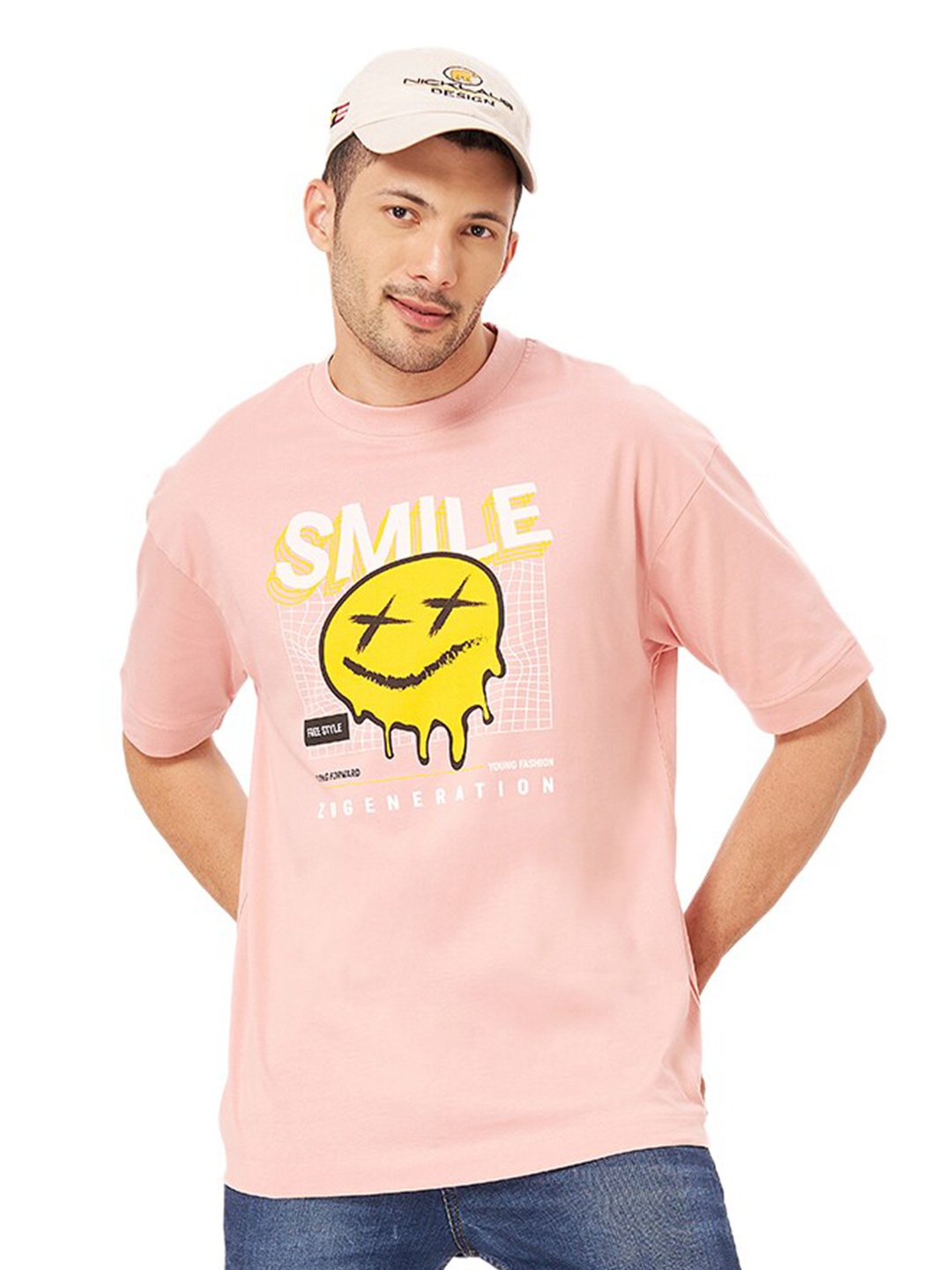 

ZU Men Typography Printed Short Sleeves Round Neck Pure Cotton T-shirt, Pink
