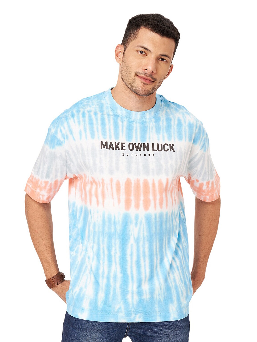 

ZU Tie and Dye Typography Printed Round Neck Half Sleeve Cotton Oversized T-shirt, White
