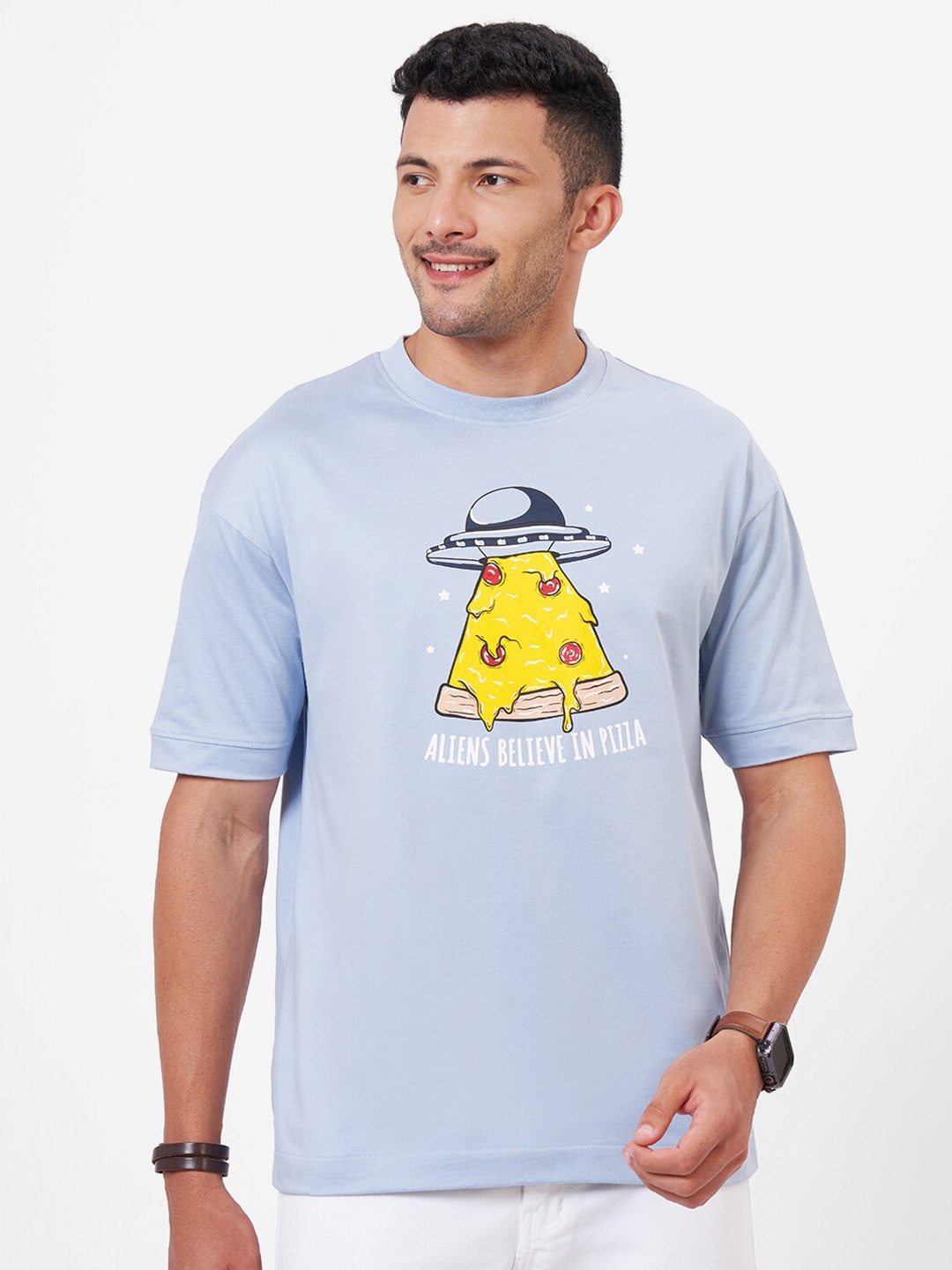 

ZU Graphic Printed Oversized Cotton T-shirt, Turquoise blue