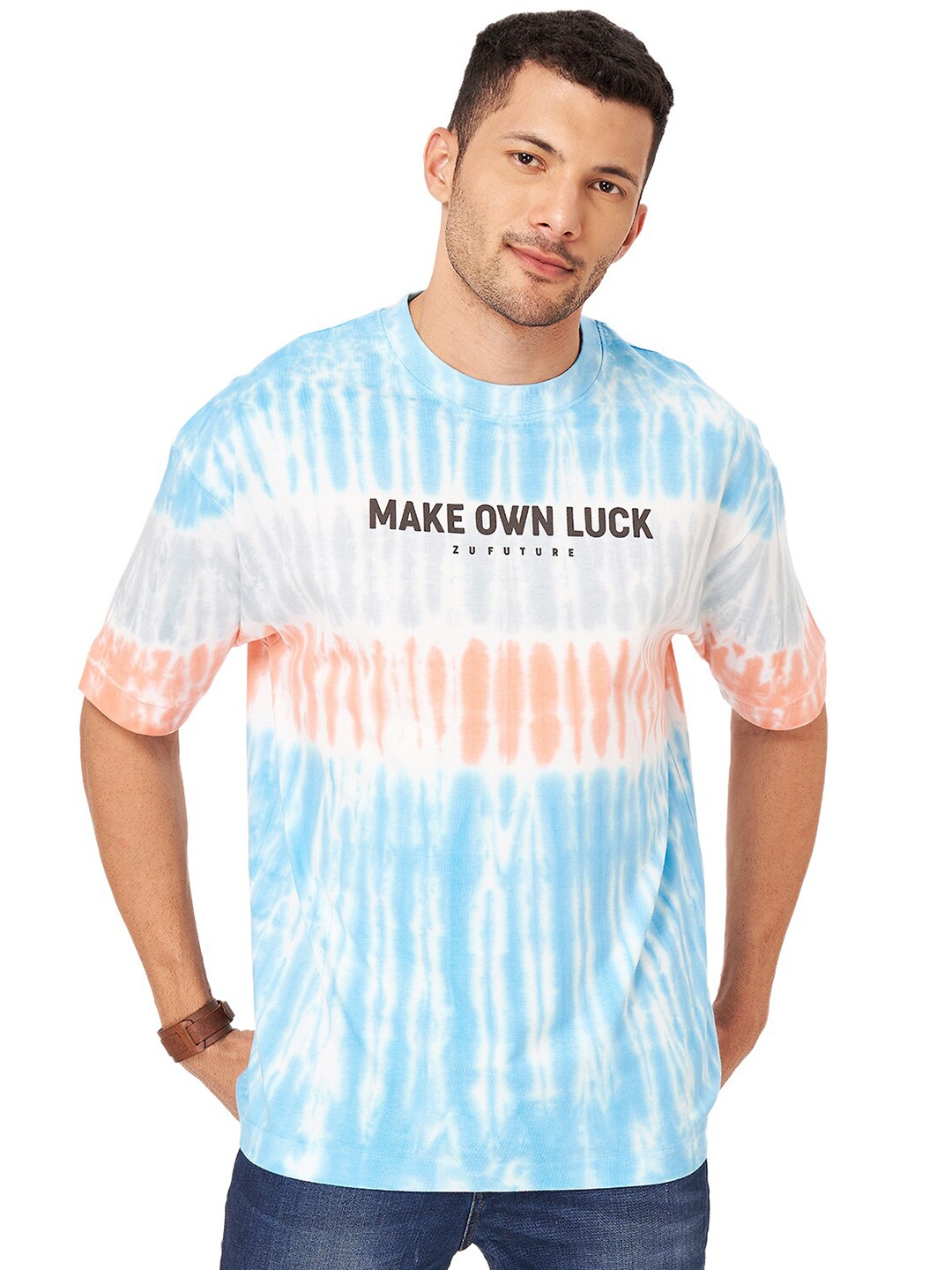 

ZU Tie and Dye Typography Printed Oversized Cotton T-shirt, White