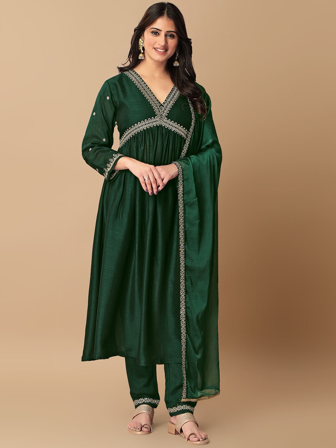 

STH Ethnic Motifs Embroidered Thread Work Empire Anarkali Kurta With Trousers & Dupatta, Green