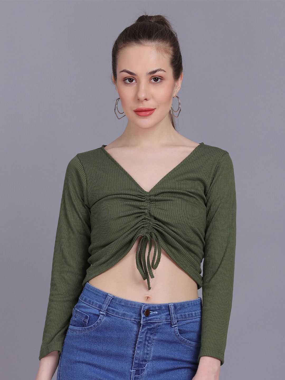 

BAESD Cotton V-Neck Fitted Crop Top, Green