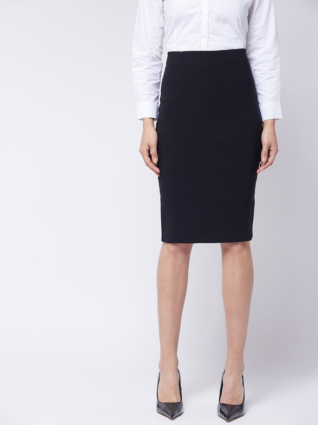 

Purple Feather Pencil Knee Length Formal Skirt, Black