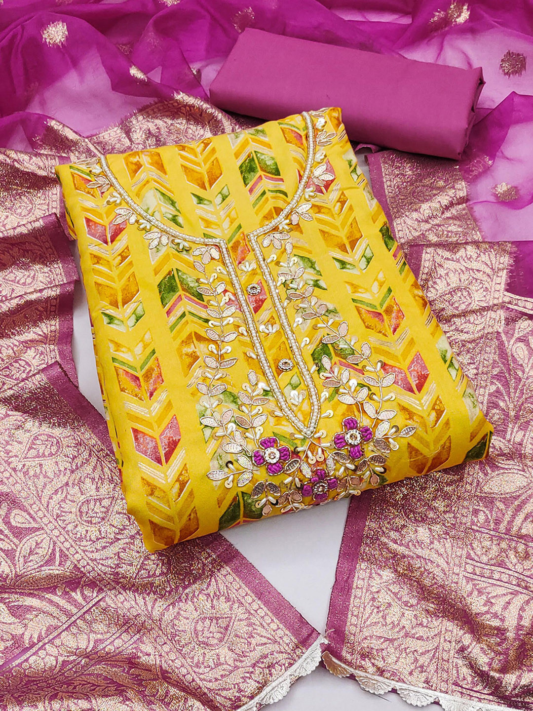 

KALINI Geometric Printed Beads & Stones Unstitched Dress Material, Yellow