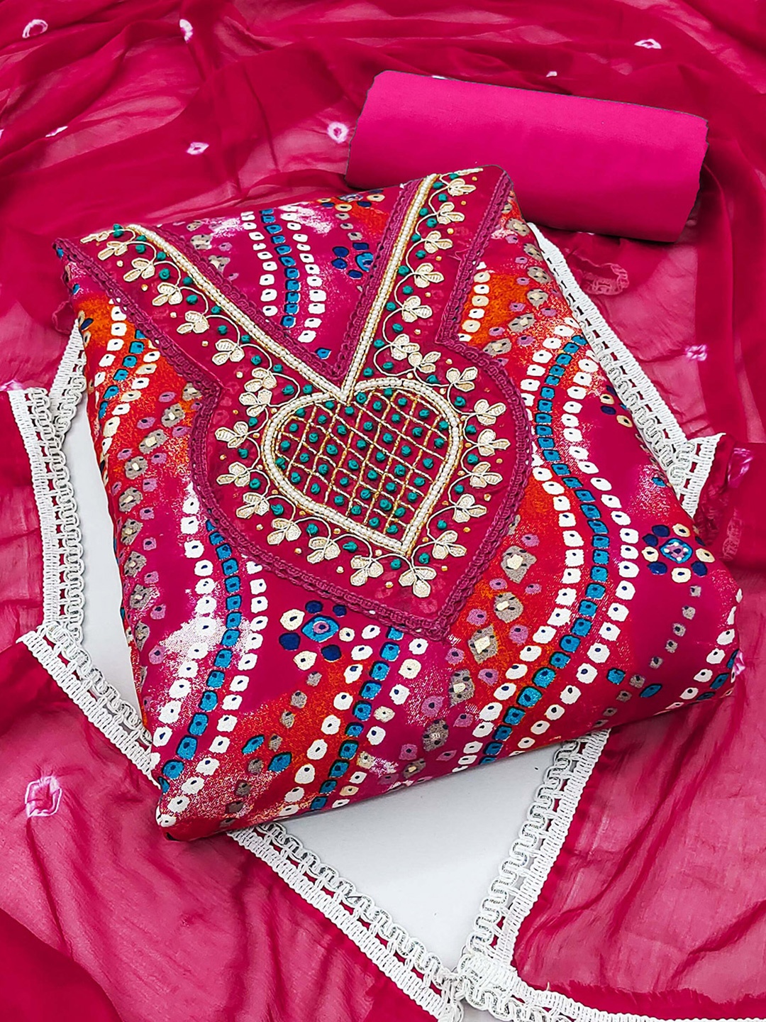 

KALINI Bandhani Printed Unstitched Dress Material, Pink
