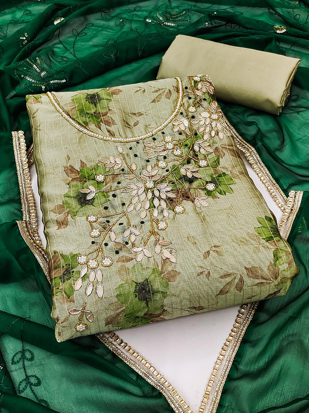 

KALINI Floral Printed Beads and Stones Unstitched Dress Material, Green