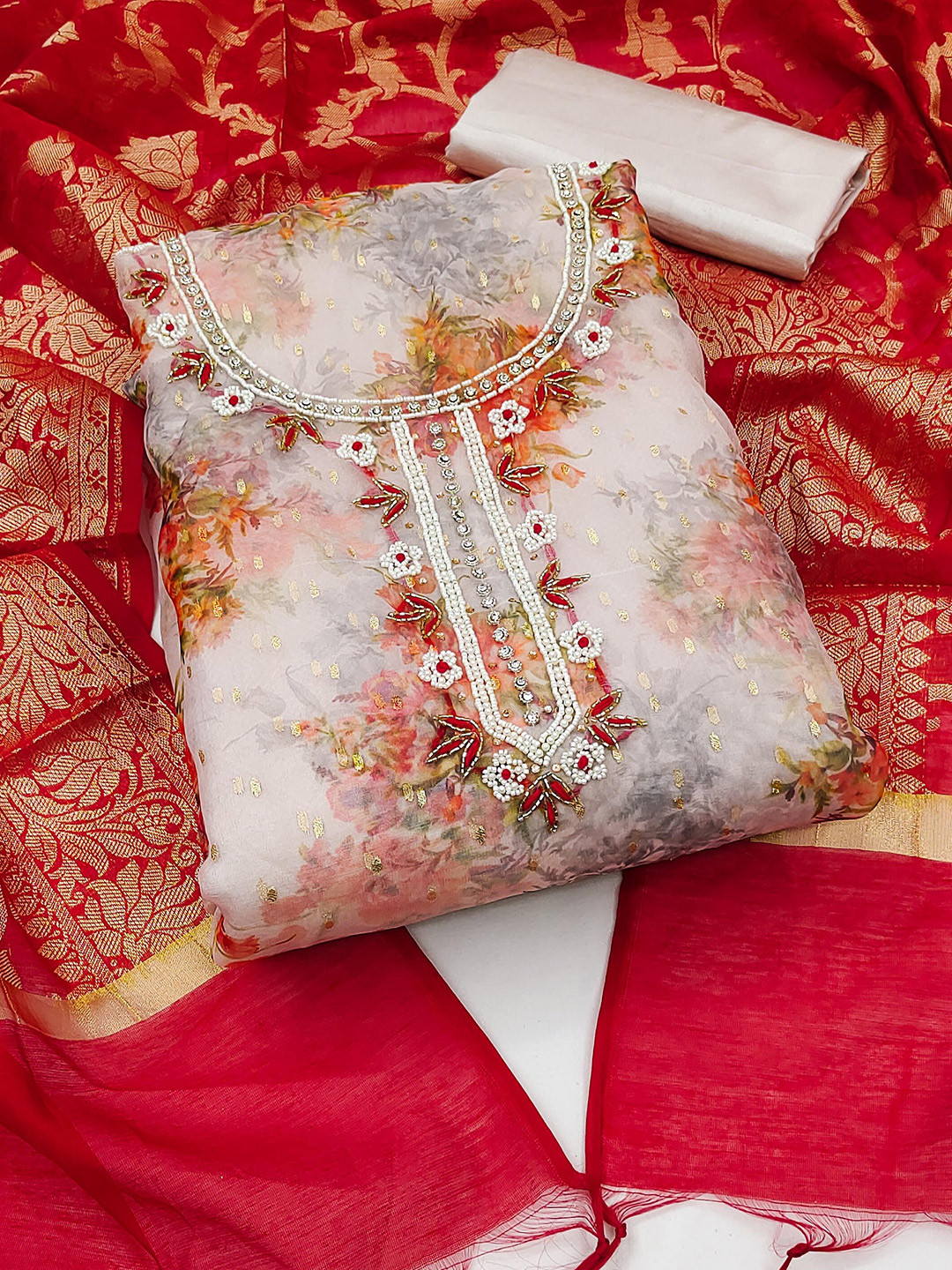

KALINI Embellished Organza Banarasi Unstitched Dress Material, White