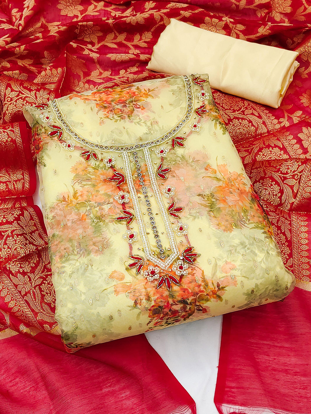

KALINI Floral Organza Unstitched Dress Material, Yellow