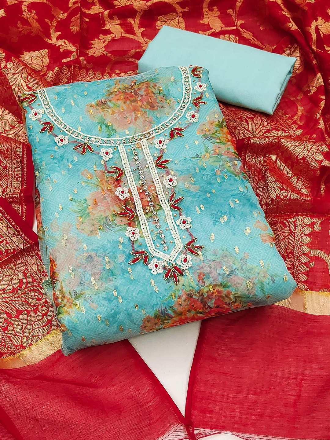 

KALINI Floral Printed Unstitched Dress Material, Blue