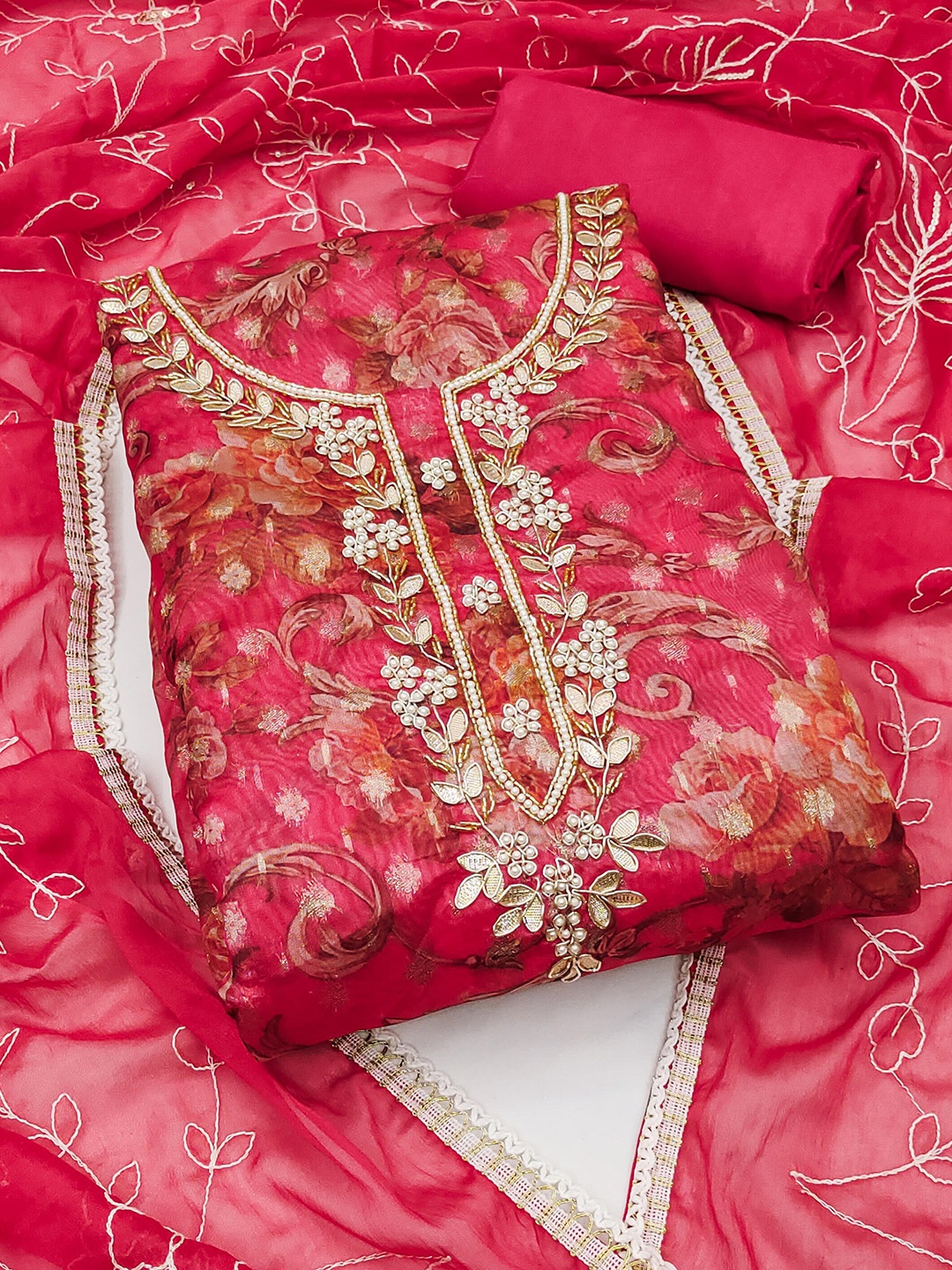 

KALINI Floral Woven Design Beads and Stones Organza Unstitched Dress Material, Pink
