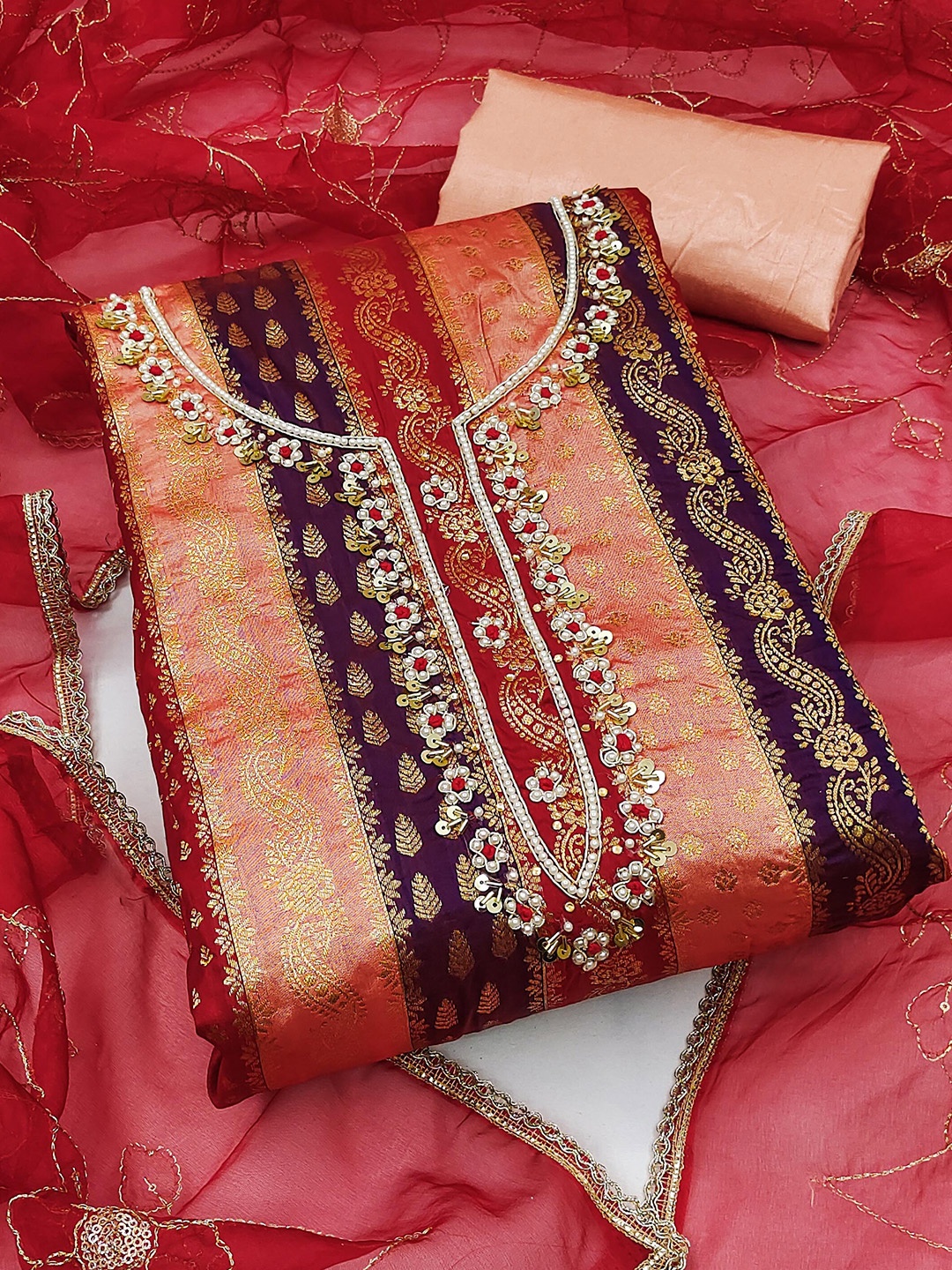 

KALINI Ethnic Motif Woven Design Unstitched Dress Material, Peach