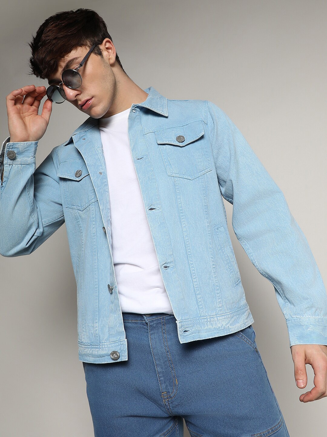 

Campus Sutra Blue Washed Spread Collar Cotton Denim Jacket