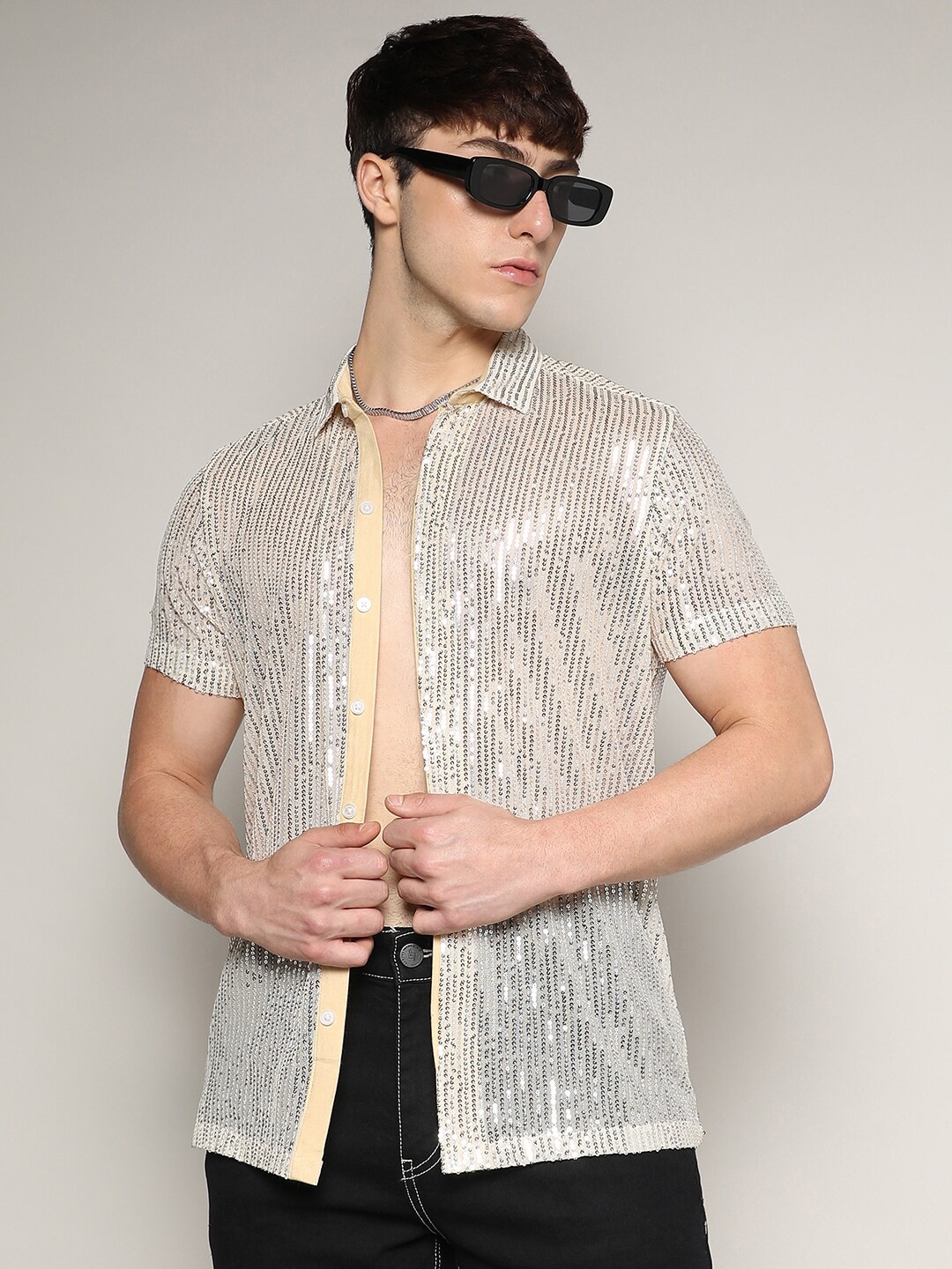 

Campus Sutra Relaxed Opaque Sequinned Sheer Casual Shirt, Beige