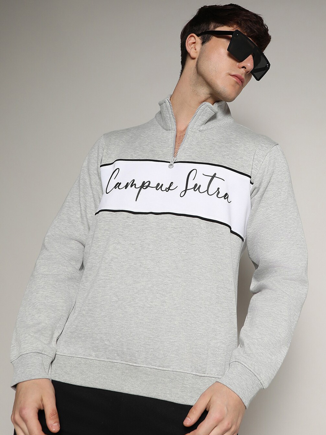 

Campus Sutra Grey Typography Printed Mock Collar Cotton Pullover Sweatshirt