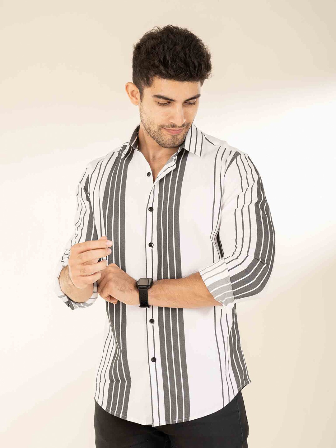 

The Bleu Label Classic Slim Fit Opaque Striped Cotton Casual Shirt, White