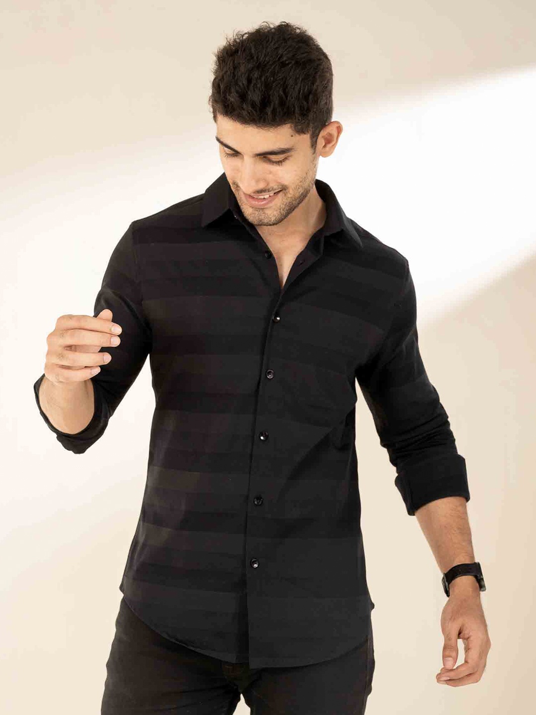 

The Bleu Label Classic Slim Fit Horizontal Stripes Opaque Cotton Casual Shirt, Black