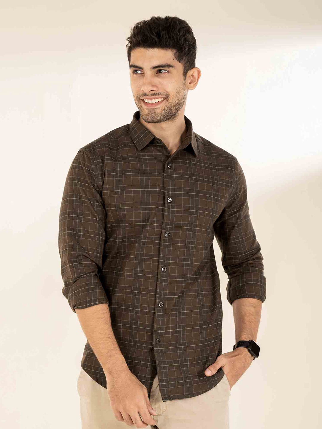 

The Bleu Label Spread Collar Long Sleeves Classic Slim Fit Checked Cotton Casual Shirt, Brown