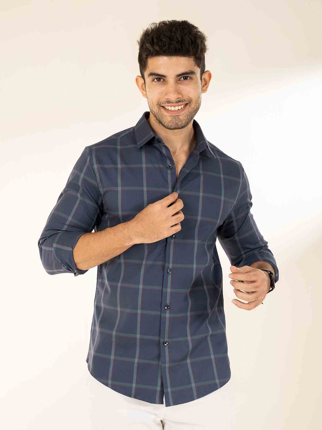

The Bleu Label Spread Collar Long Sleeves Classic Slim Fit Checked Casual Shirt, Blue