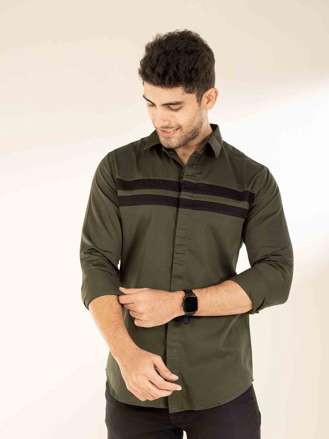 

The Bleu Label Spread Collar Long Sleeves Classic Slim Fit Checked Cotton Casual Shirt, Olive