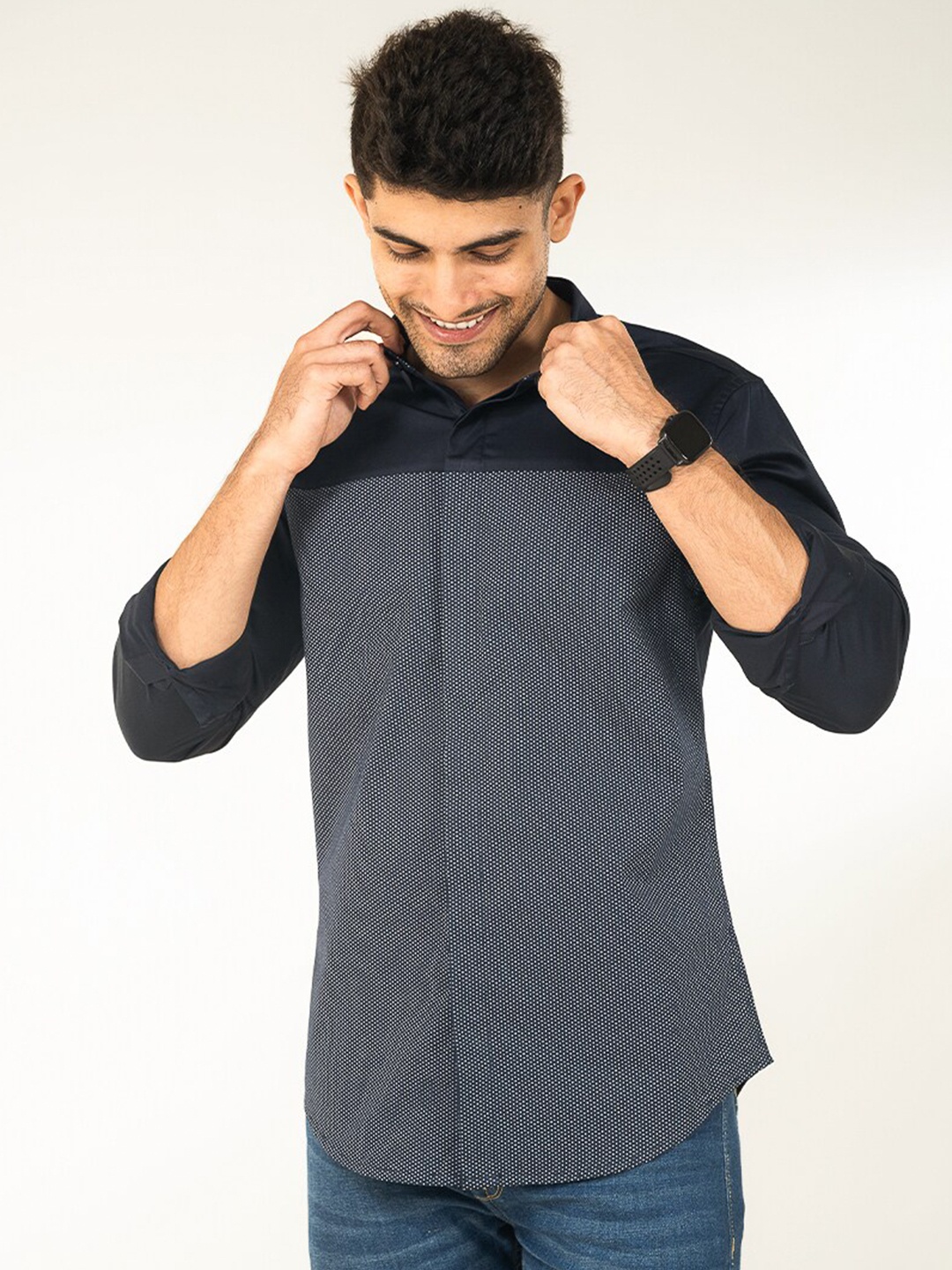 

The Bleu Label Spread Collar Long Sleeves Classic Slim Fit Printed Casual Cotton Shirt, Navy blue