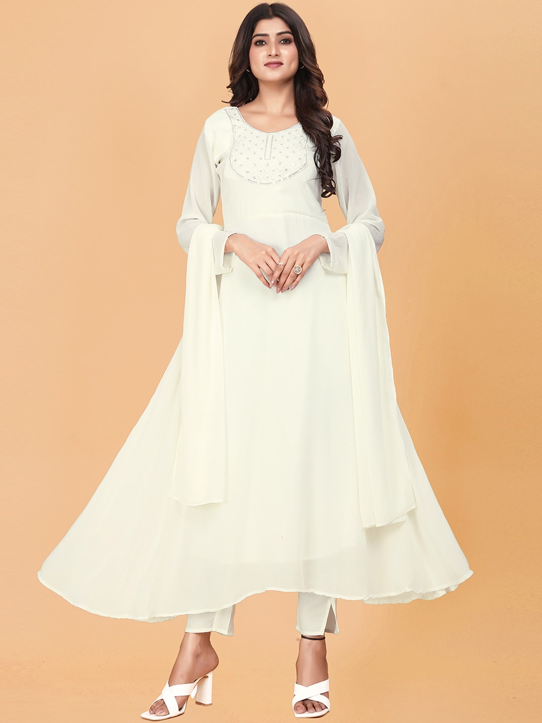 

BAESD Ethnic Motifs Yoke Design Round Neck Sequinned Anarkali Kurta Trousers & Dupatta, Cream