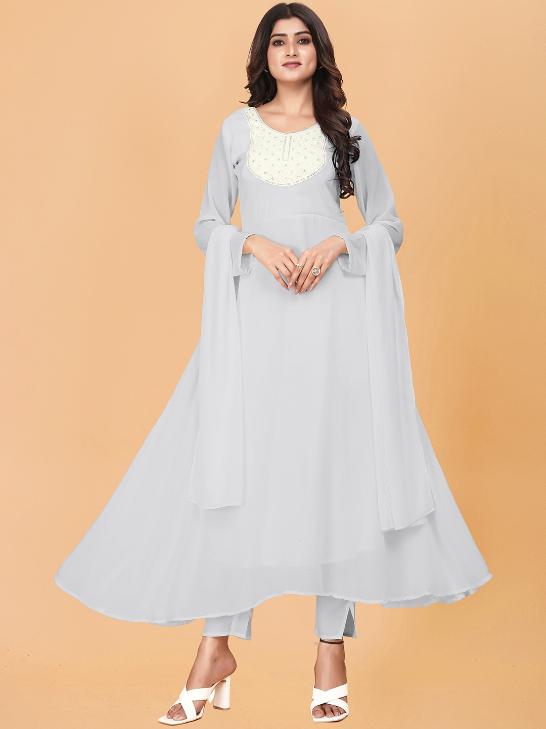 

BAESD Yoke Design Regular Sequinned Anarkali Kurta With Trousers & Dupatta, Grey