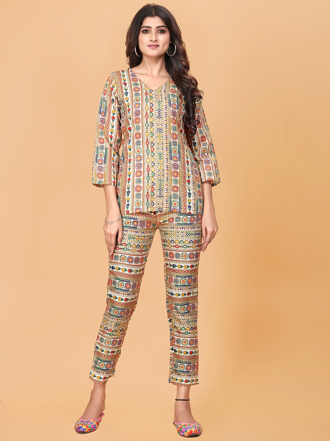 

BAESD Floral Embroidered Pure Cotton Top With Trousers Co-Ords, Cream