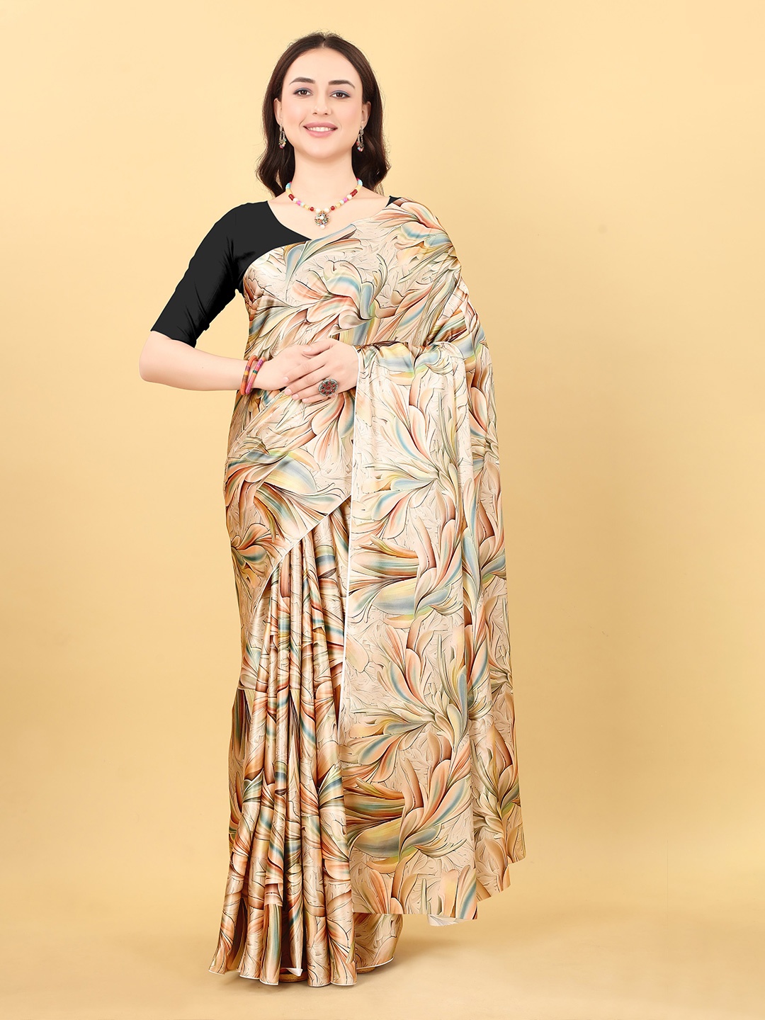 

bansari textiles Floral Printed Satin Block Print Saree, Beige