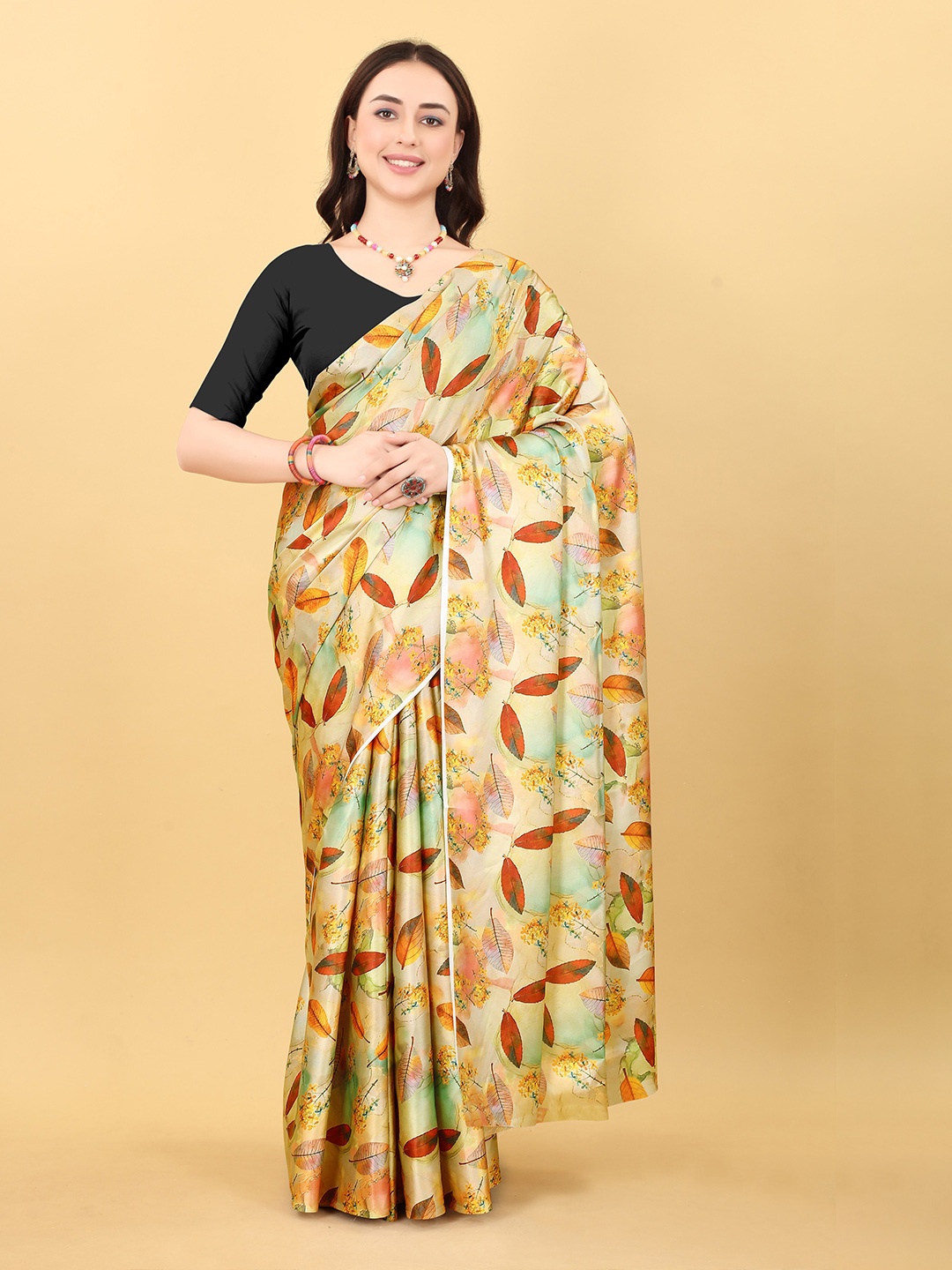 

bansari textiles Floral Printed Satin Block Print Saree, Yellow