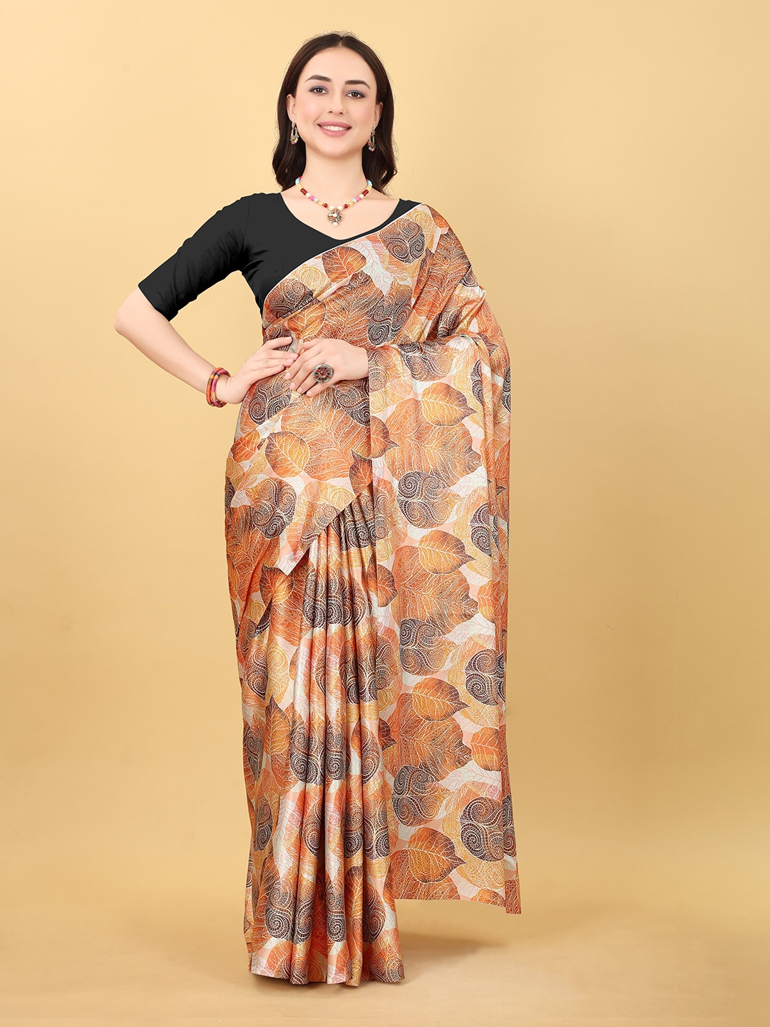 

bansari textiles Floral Printed Satin Block Print Saree, Orange