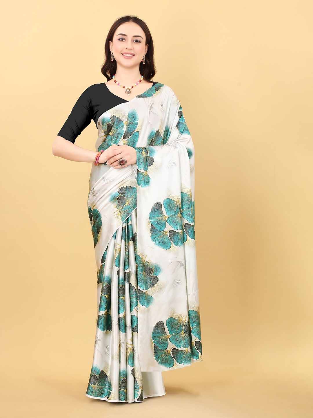 

bansari textiles Floral Printed Satin Block Print Saree, White