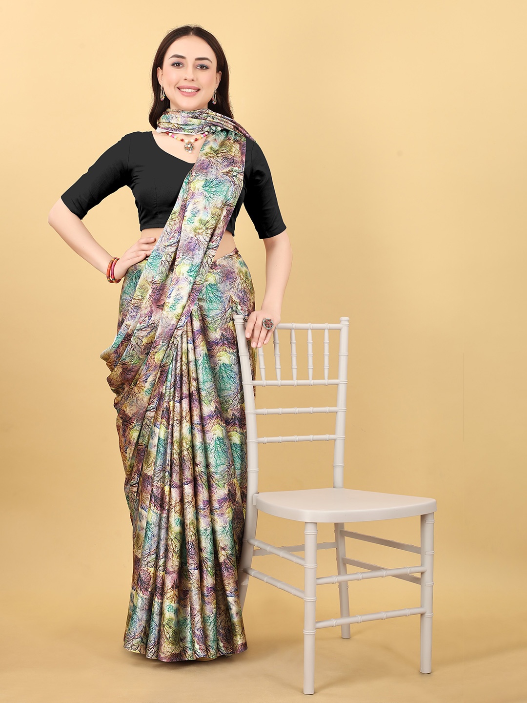 

bansari textiles Floral Printed Satin Block Print Saree, Blue