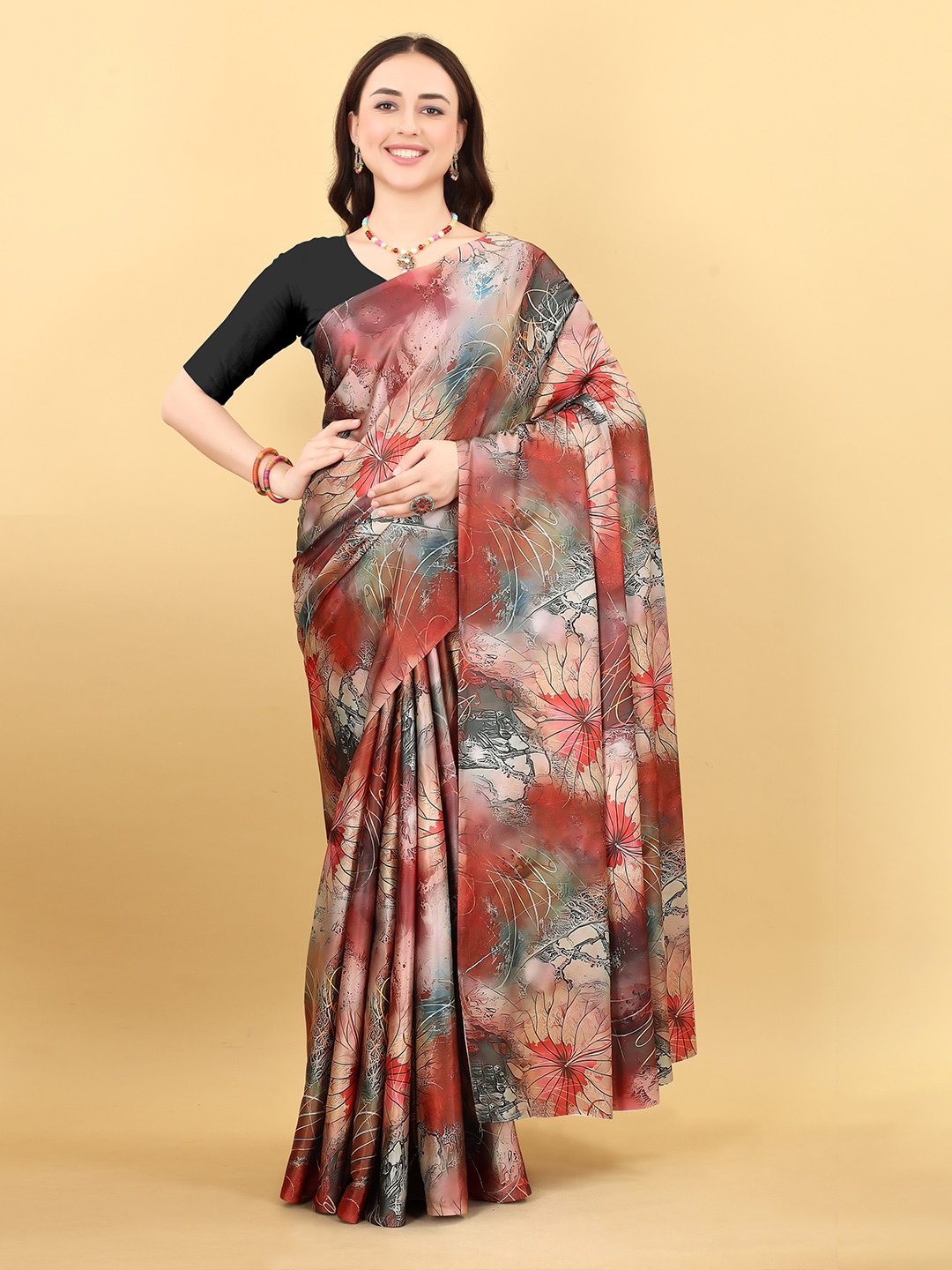 

bansari textiles Floral Printed Satin Block Print Saree, Red