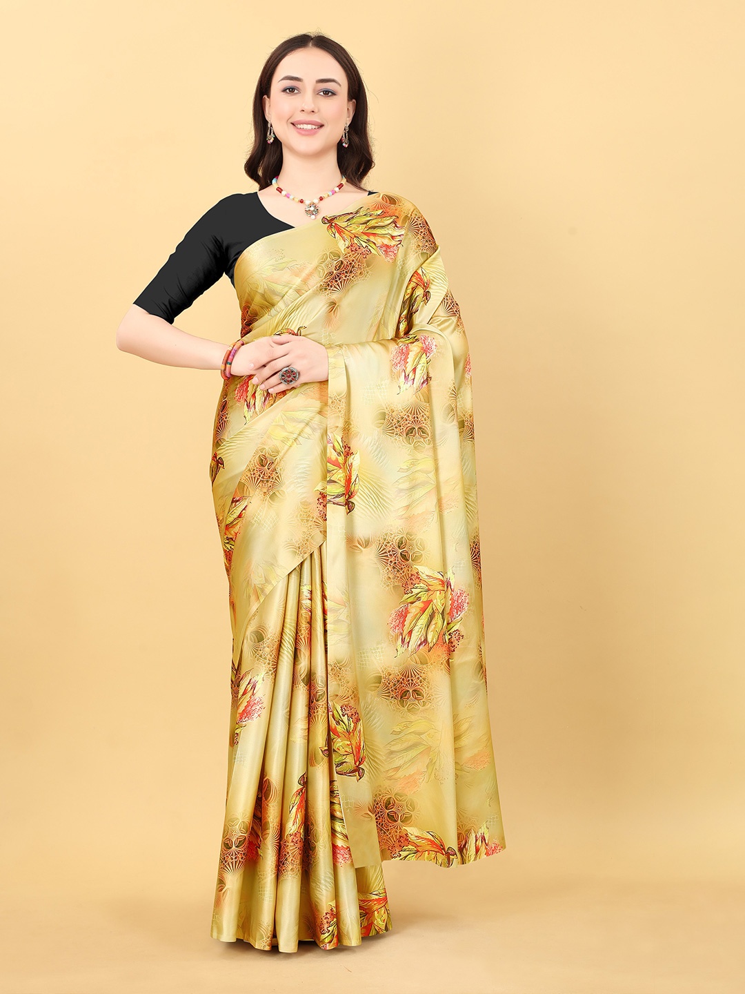 

bansari textiles Floral Printed Satin Block Print Saree, Yellow