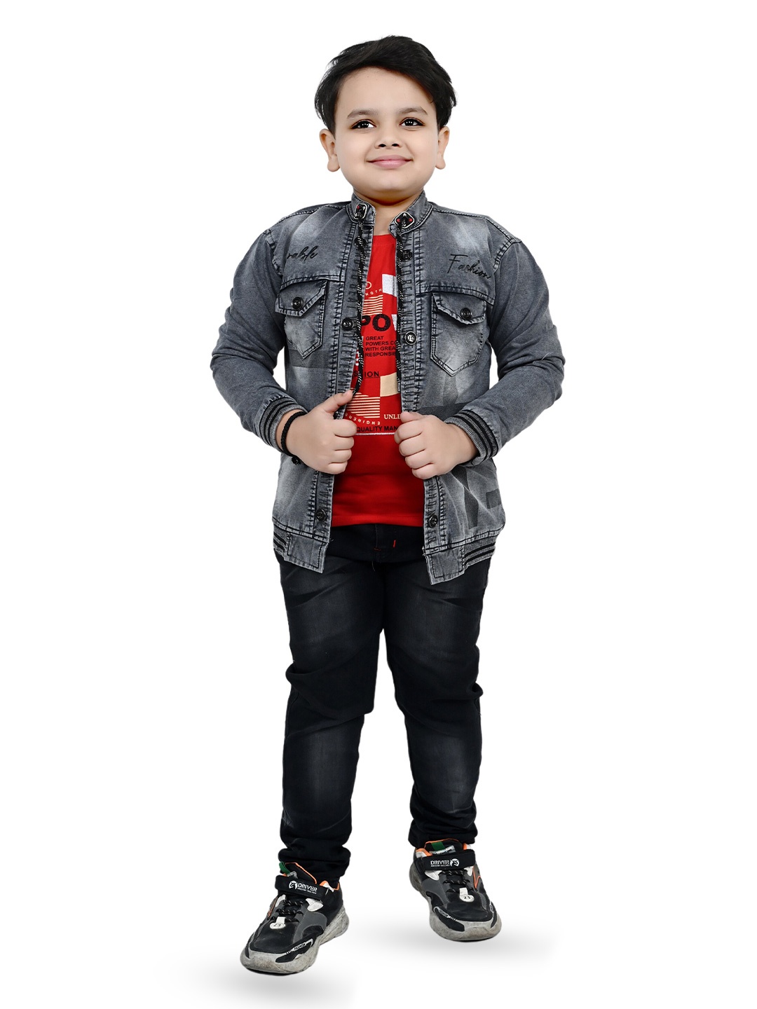 

BAESD Boys Printed T-shirt & Jeans With Jacket, Red