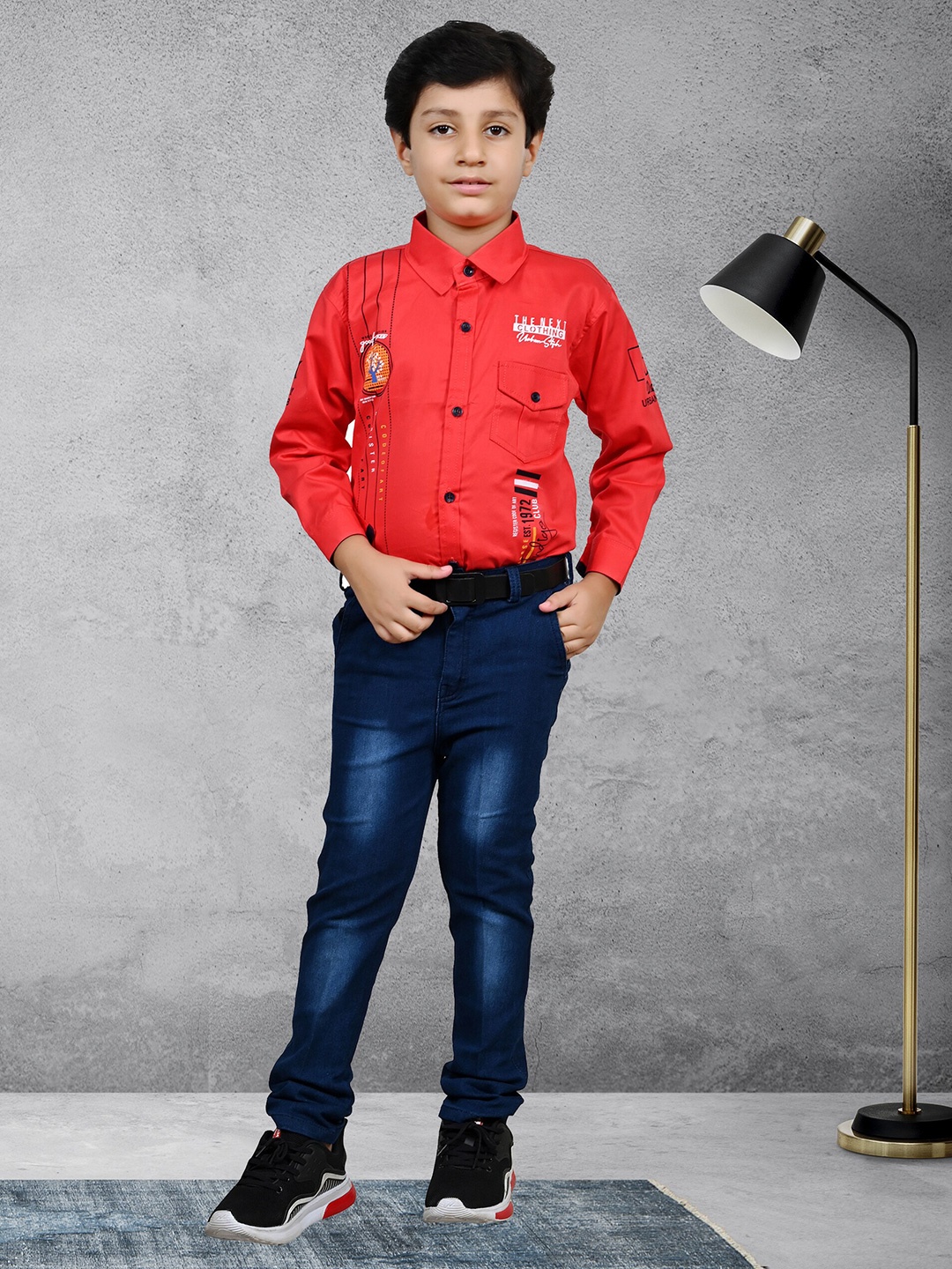 

BAESD Boys Printed Shirt Collar Shirt with Jeans, Red