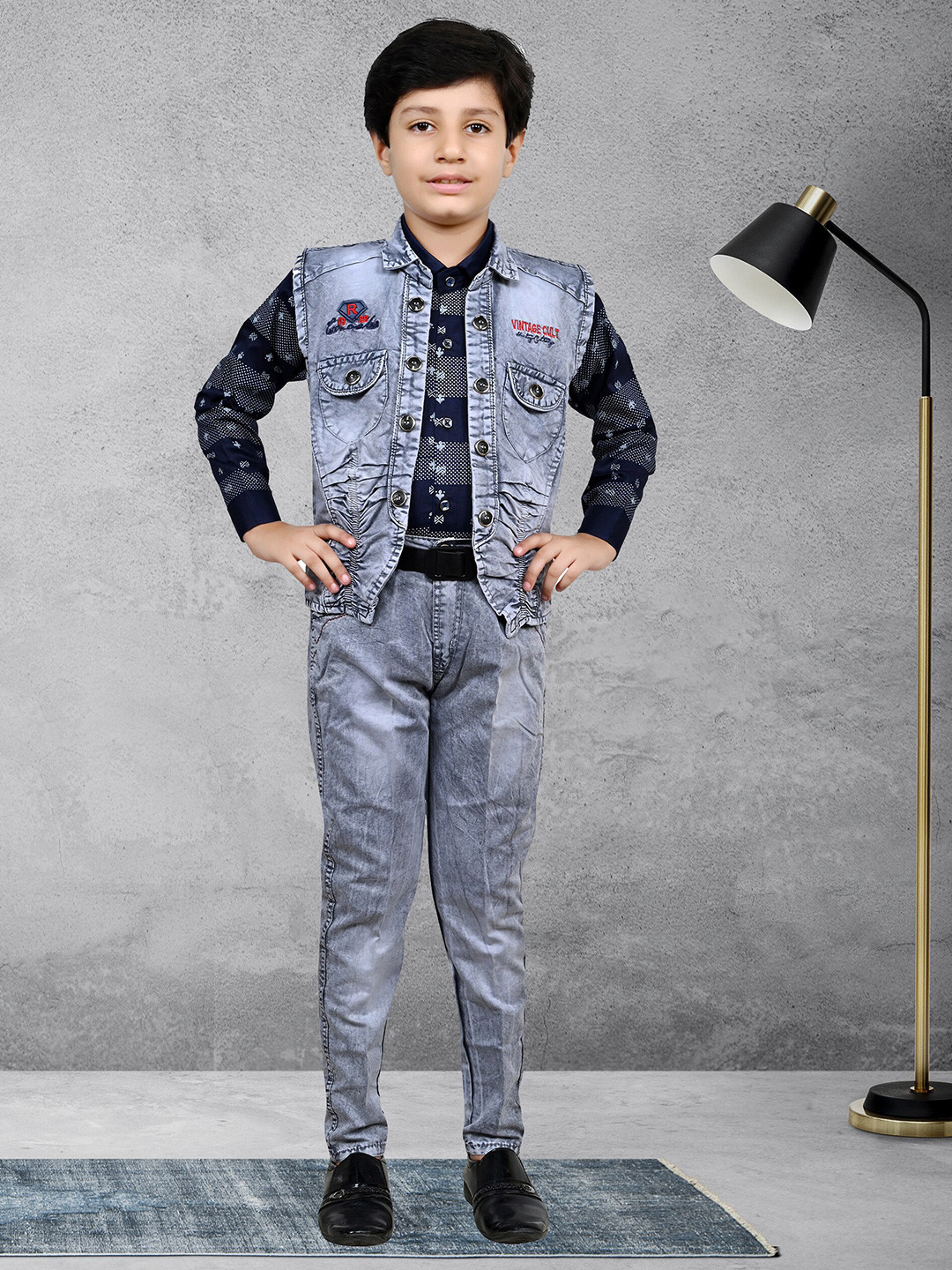 

BAESD Boys Printed Shirt with Jeans & Jacket, Grey